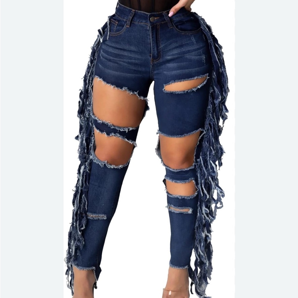Medium wash Denim Side fringe Jeans